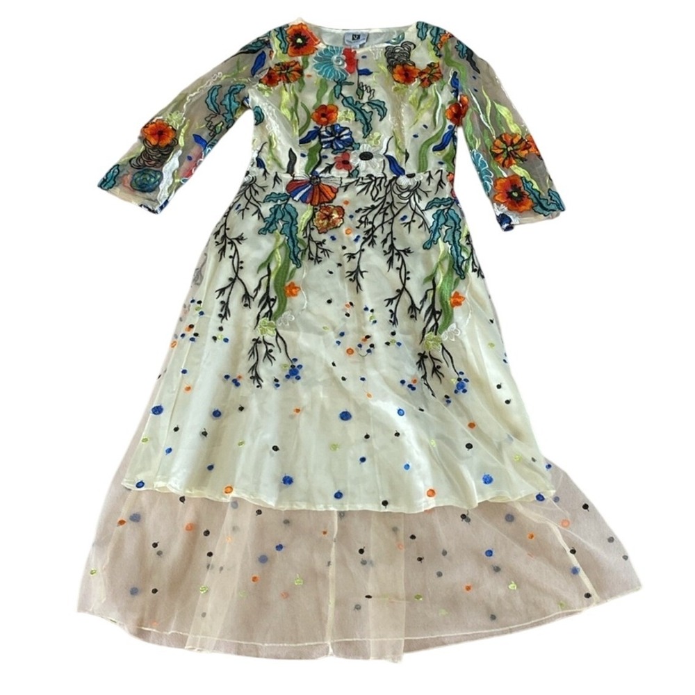 Antrophology Vicky and Lucas Floral Embroidered Midi Dress Sheer Overlay Party L - Picture 7 of 13